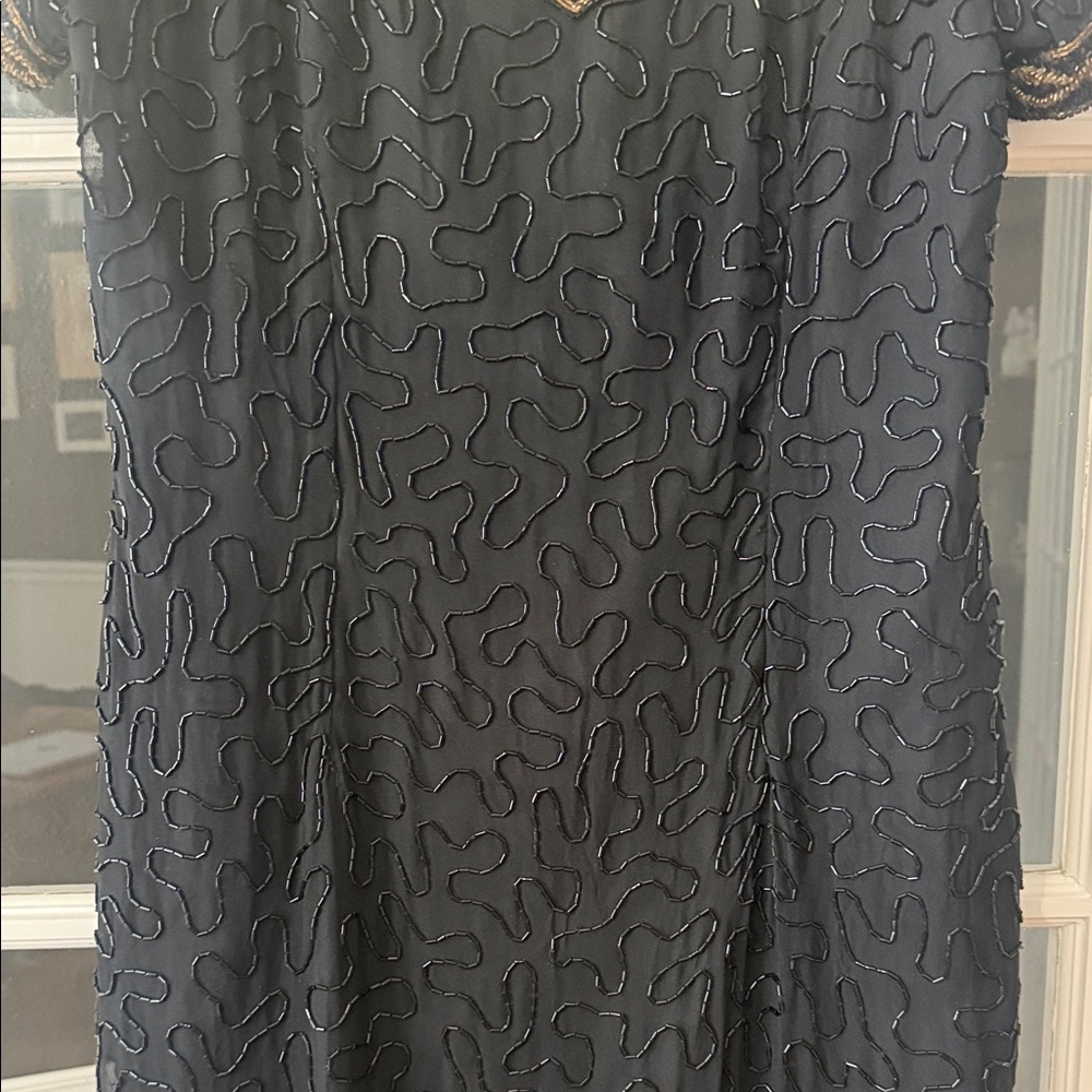 Vintage hand beaded Black Short-Sleeve swing Dress - Picture 3 of 12